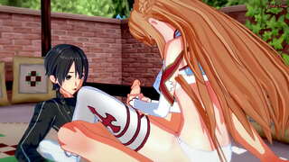 Kirito primeste un sex oral de Asuna, apoi o fute hard pe pat.